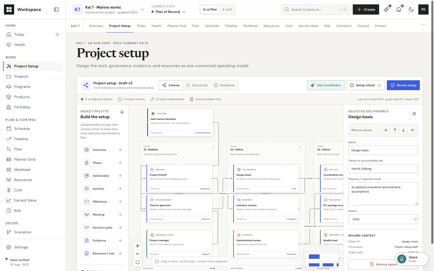 Charter Project Setup canvas with work structure and decision controls